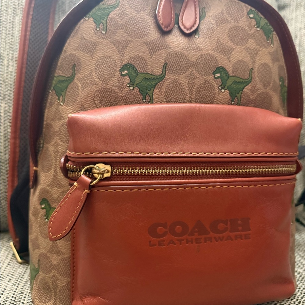 Coach Rexy Medium Backpack with Green Dino Print and Rust Leather - Picture 2 of 10